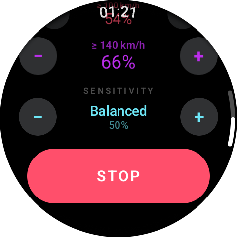 FlowAudio on Wear OS showing sensitivity and the STOP button