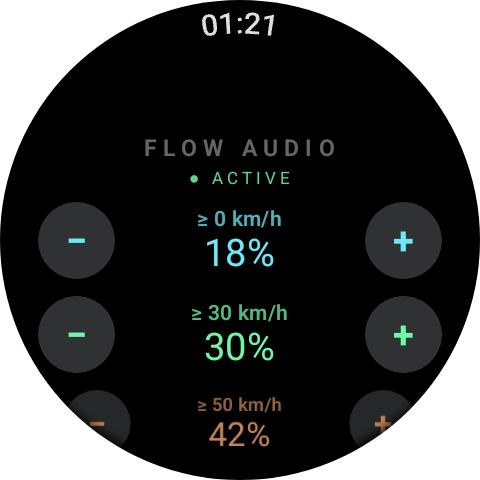 FlowAudio on Wear OS showing speed tiers and volumes